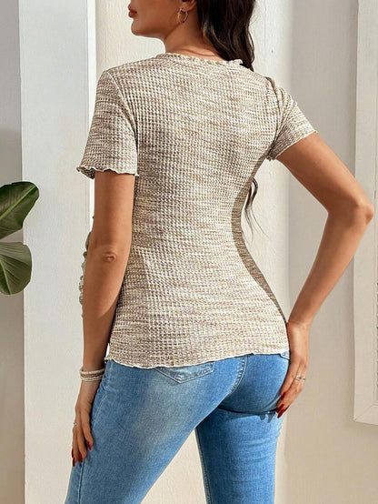 Multicolor Knitted Waffle V-Neck Maternity T-Shirt - Slim Fit High Stretch Short Sleeve Breastfeeding Friendly Casual Nursing Top