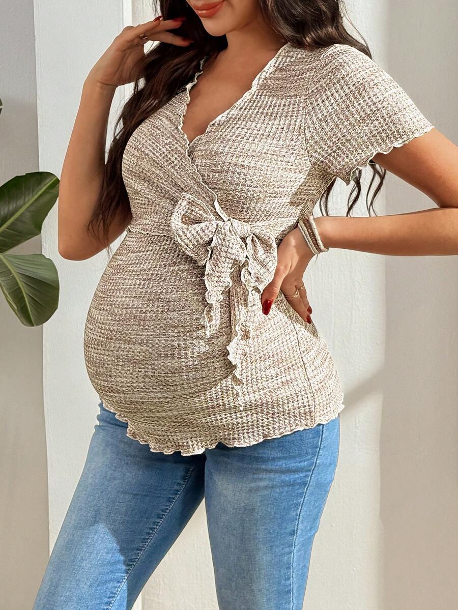 Multicolor Knitted Waffle V-Neck Maternity T-Shirt - Slim Fit High Stretch Short Sleeve Breastfeeding Friendly Casual Nursing Top