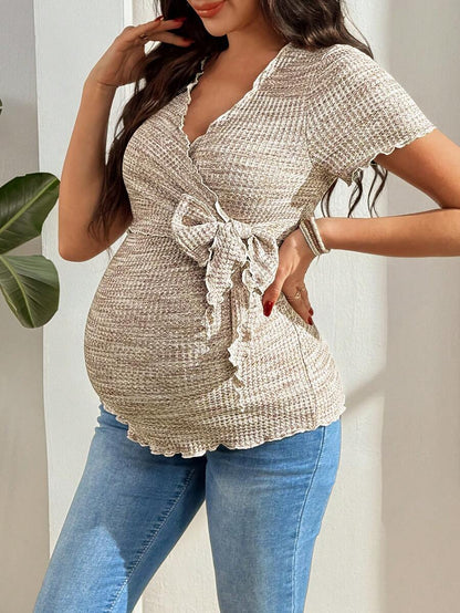 Multicolor Knitted Waffle V-Neck Maternity T-Shirt - Slim Fit High Stretch Short Sleeve Breastfeeding Friendly Casual Nursing Top
