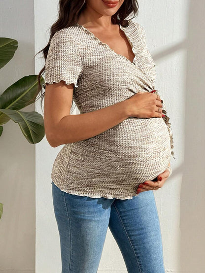 Multicolor Knitted Waffle V-Neck Maternity T-Shirt - Slim Fit High Stretch Short Sleeve Breastfeeding Friendly Casual Nursing Top