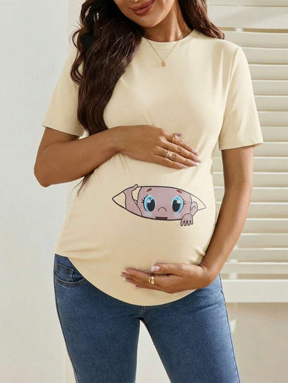 Maternity Cartoon Animal Print Short Sleeve T-Shirt - Blue Round Neck Ruched Side Casual Knit Top for Daily Wear