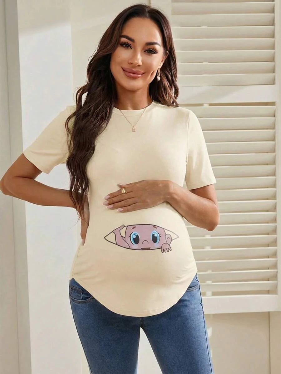 Maternity Cartoon Animal Print Short Sleeve T-Shirt - Blue Round Neck Ruched Side Casual Knit Top for Daily Wear
