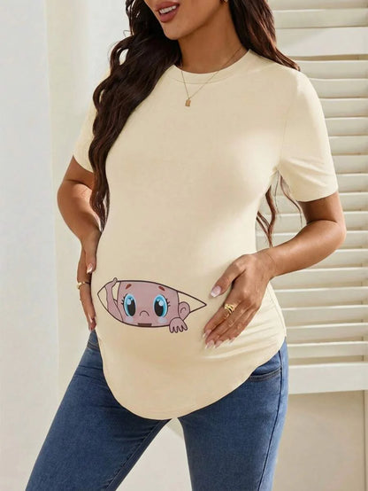Maternity Cartoon Animal Print Short Sleeve T-Shirt - Blue Round Neck Ruched Side Casual Knit Top for Daily Wear