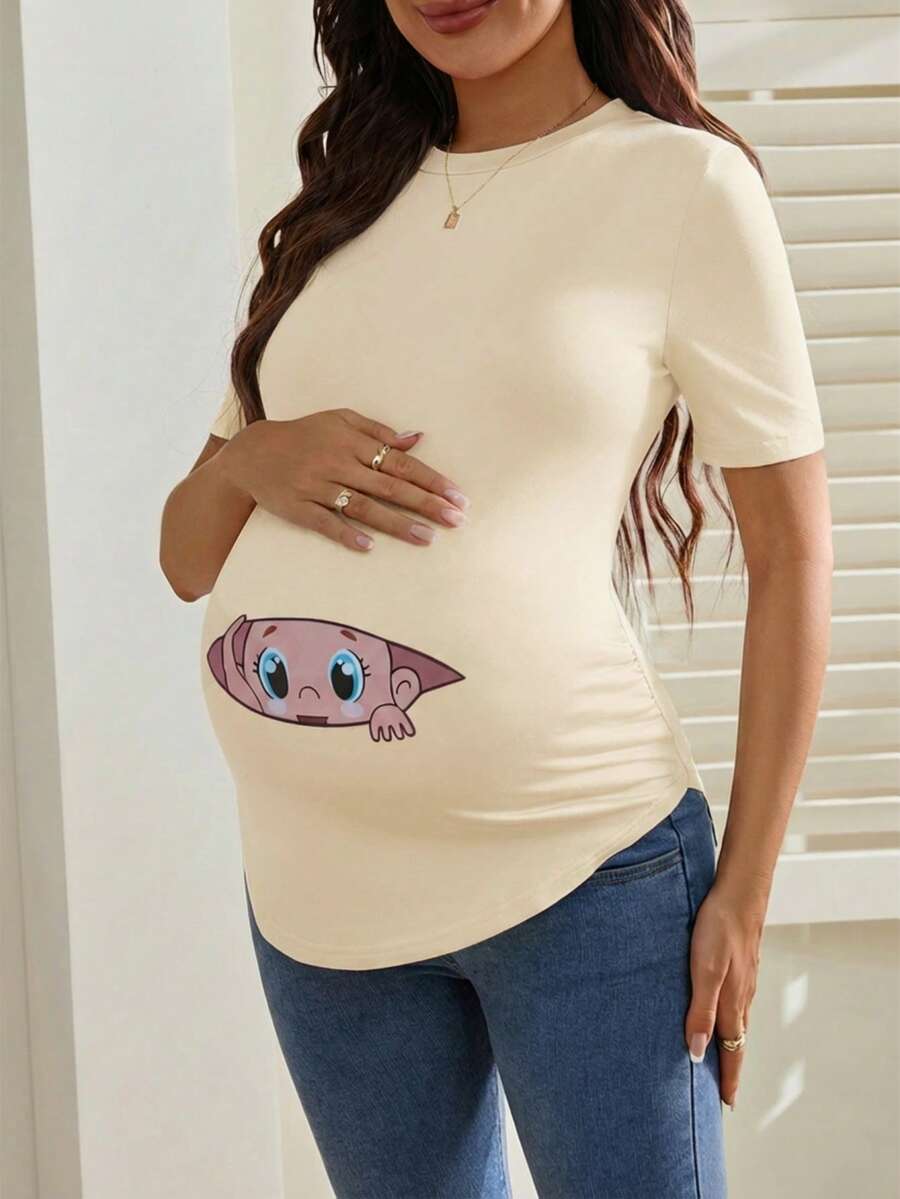 Maternity Cartoon Animal Print Short Sleeve T-Shirt - Blue Round Neck Ruched Side Casual Knit Top for Daily Wear