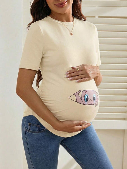 Maternity Cartoon Animal Print Short Sleeve T-Shirt - Blue Round Neck Ruched Side Casual Knit Top for Daily Wear