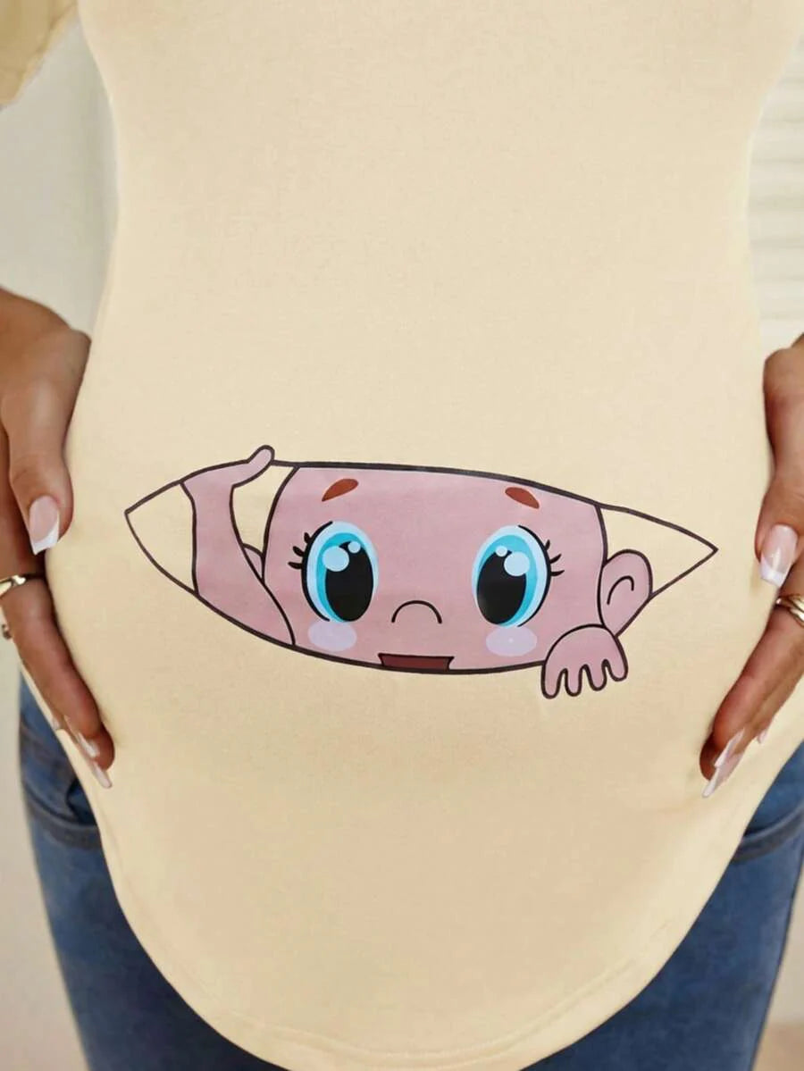 Maternity Cartoon Animal Print Short Sleeve T-Shirt - Blue Round Neck Ruched Side Casual Knit Top for Daily Wear