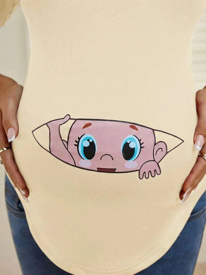 Maternity Cartoon Animal Print Short Sleeve T-Shirt - Blue Round Neck Ruched Side Casual Knit Top for Daily Wear