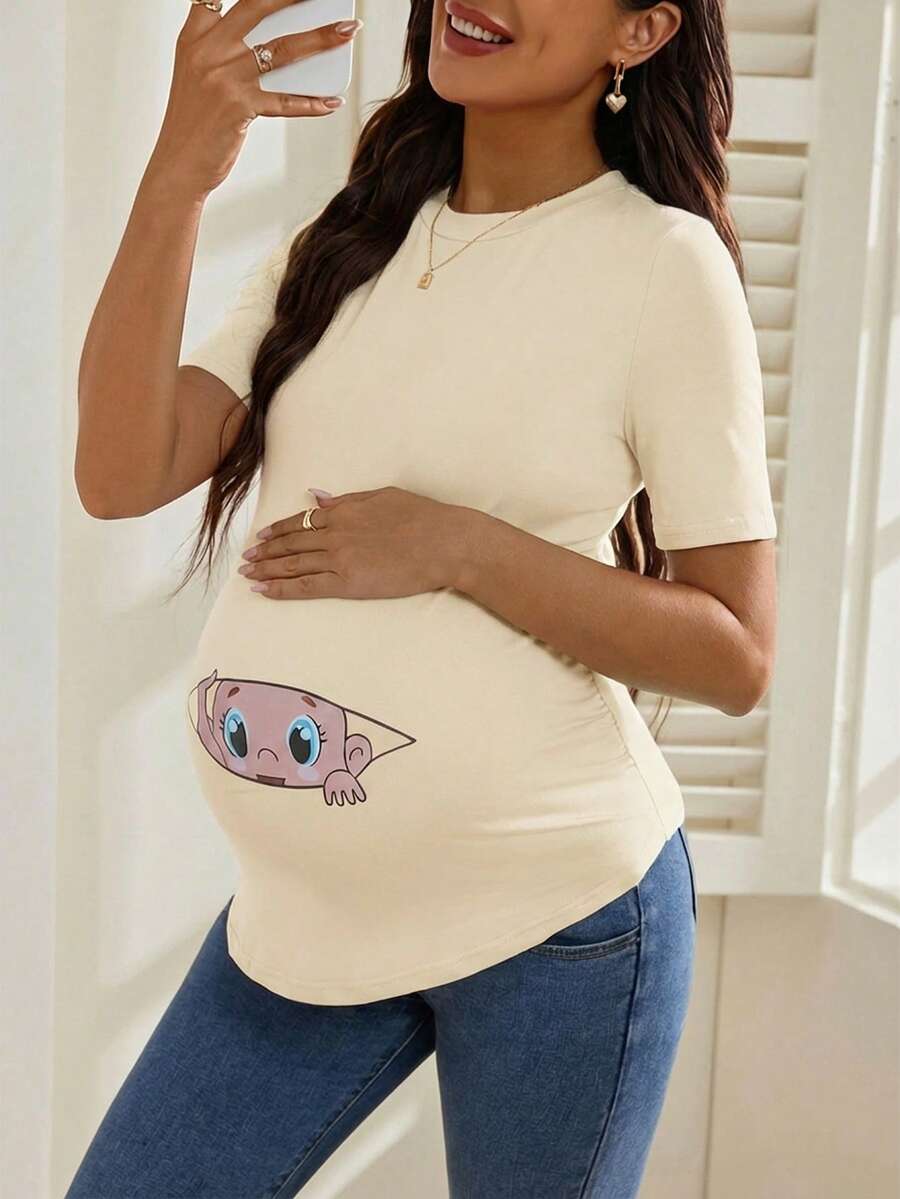 Maternity Cartoon Animal Print Short Sleeve T-Shirt - Blue Round Neck Ruched Side Casual Knit Top for Daily Wear