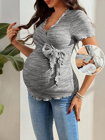 Multicolor Knitted Waffle V-Neck Maternity T-Shirt - Slim Fit High Stretch Short Sleeve Breastfeeding Friendly Casual Nursing Top