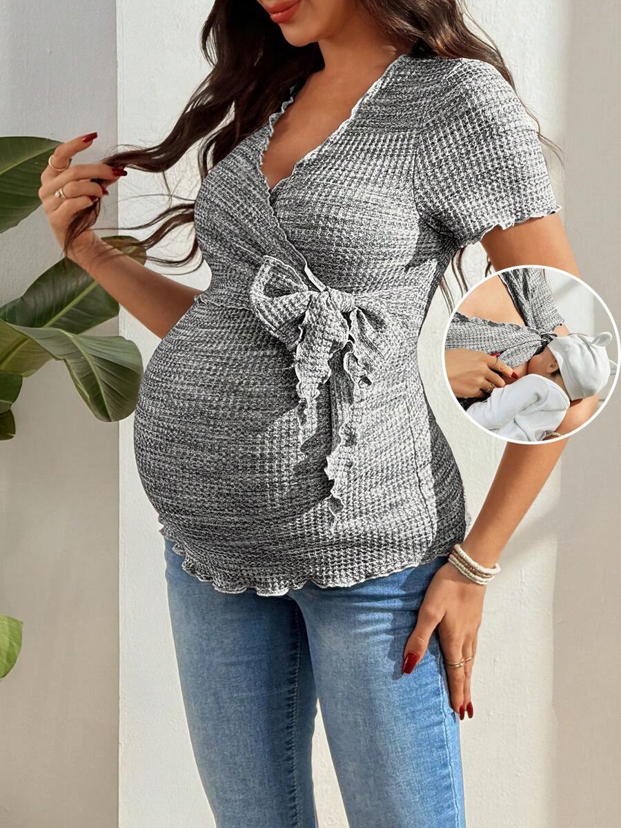Maternity V-Neck Waffle Knit T-Shirt - Colorful Short Sleeve Casual Nursing Top