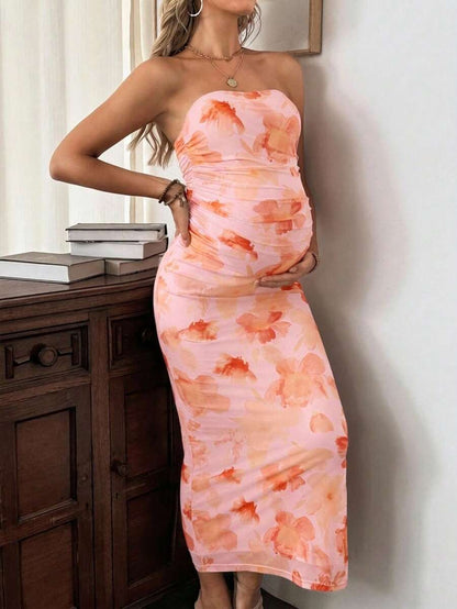 Floral Print Ruched Mesh Maternity Bodycon Dress - Slim Fit Strapless Long Slit Dress for Beach Holiday