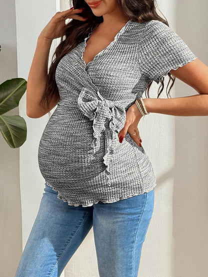 Maternity V-Neck Waffle Knit T-Shirt - Colorful Short Sleeve Casual Nursing Top
