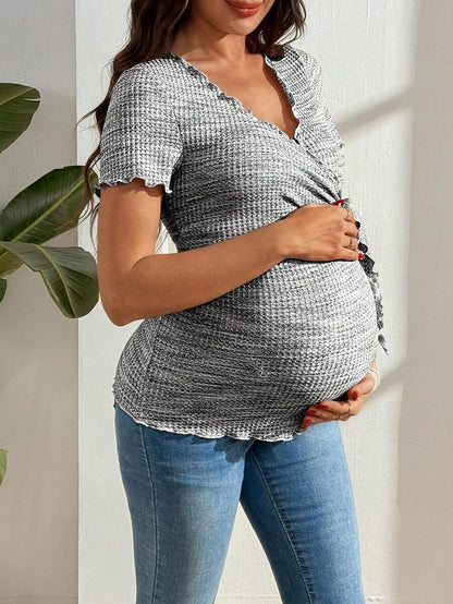 Multicolor Knitted Waffle V-Neck Maternity T-Shirt - Slim Fit High Stretch Short Sleeve Breastfeeding Friendly Casual Nursing Top