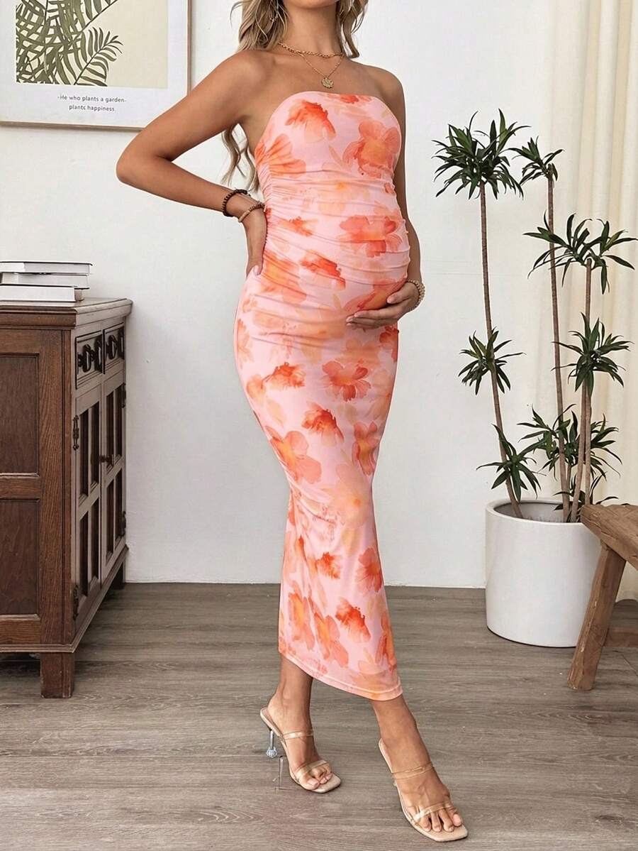 Floral Print Ruched Mesh Maternity Bodycon Dress - Slim Fit Strapless Long Slit Dress for Beach Holiday