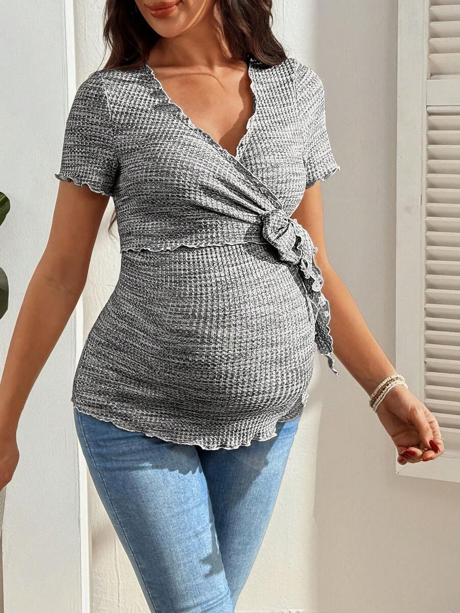 Multicolor Knitted Waffle V-Neck Maternity T-Shirt - Slim Fit High Stretch Short Sleeve Breastfeeding Friendly Casual Nursing Top
