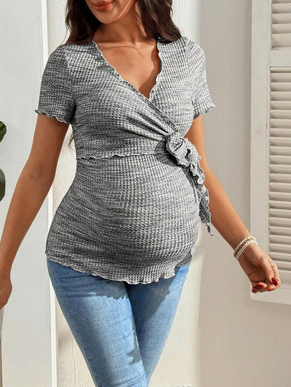 Multicolor Knitted Waffle V-Neck Maternity T-Shirt - Slim Fit High Stretch Short Sleeve Breastfeeding Friendly Casual Nursing Top