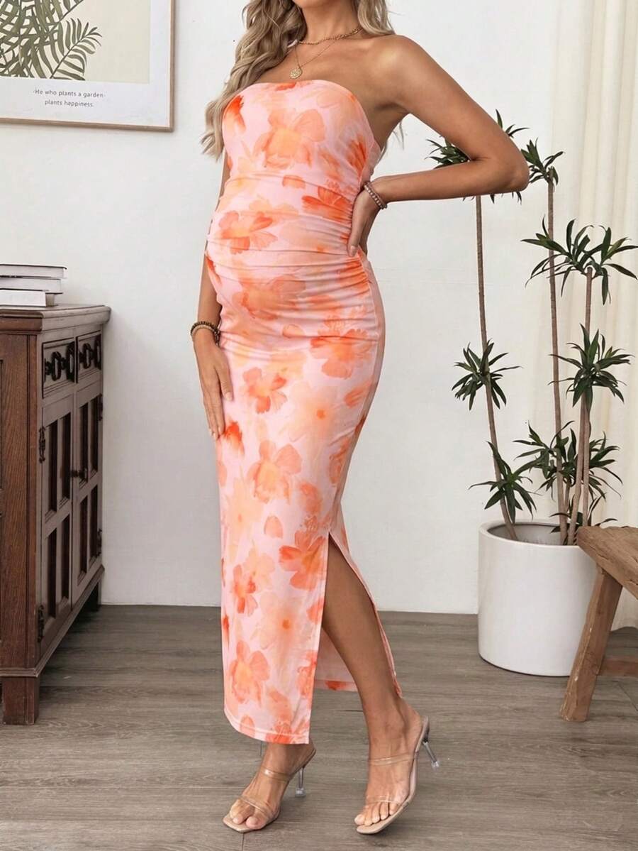 Floral Print Ruched Mesh Maternity Bodycon Dress - Slim Fit Strapless Long Slit Dress for Beach Holiday