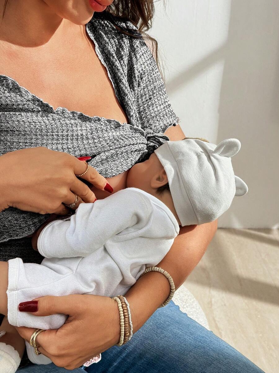 Maternity V-Neck Waffle Knit T-Shirt - Colorful Short Sleeve Casual Nursing Top