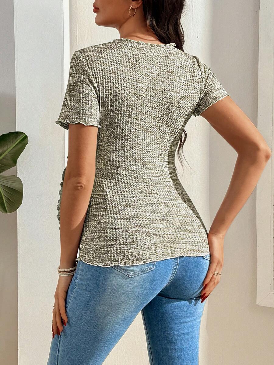 Multicolor Knitted Waffle V-Neck Maternity T-Shirt - Slim Fit High Stretch Short Sleeve Breastfeeding Friendly Casual Nursing Top