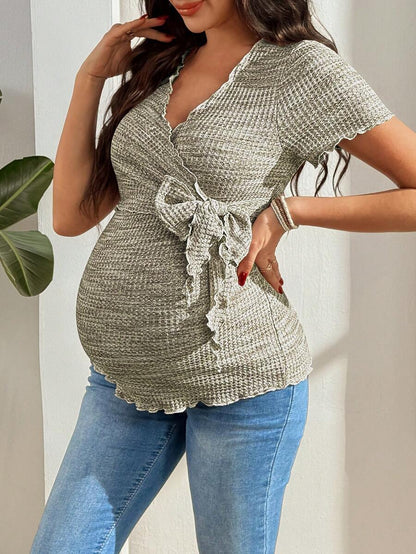 Multicolor Knitted Waffle V-Neck Maternity T-Shirt - Slim Fit High Stretch Short Sleeve Breastfeeding Friendly Casual Nursing Top