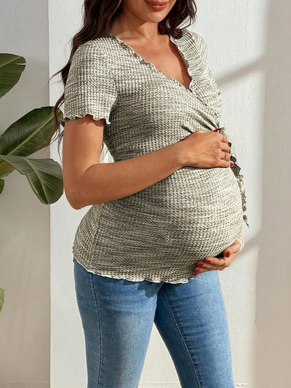 Multicolor Knitted Waffle V-Neck Maternity T-Shirt - Slim Fit High Stretch Short Sleeve Breastfeeding Friendly Casual Nursing Top