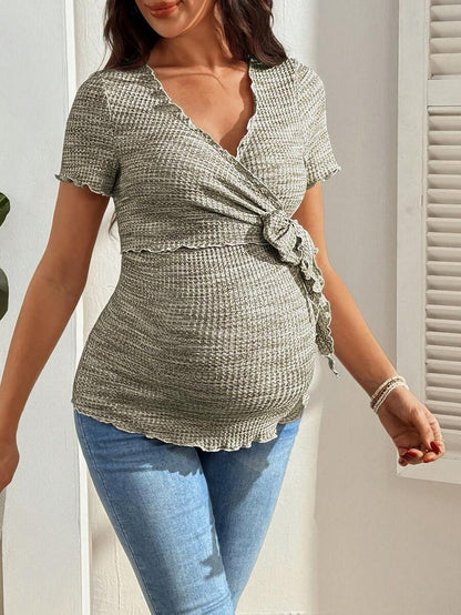 Multicolor Knitted Waffle V-Neck Maternity T-Shirt - Slim Fit High Stretch Short Sleeve Breastfeeding Friendly Casual Nursing Top