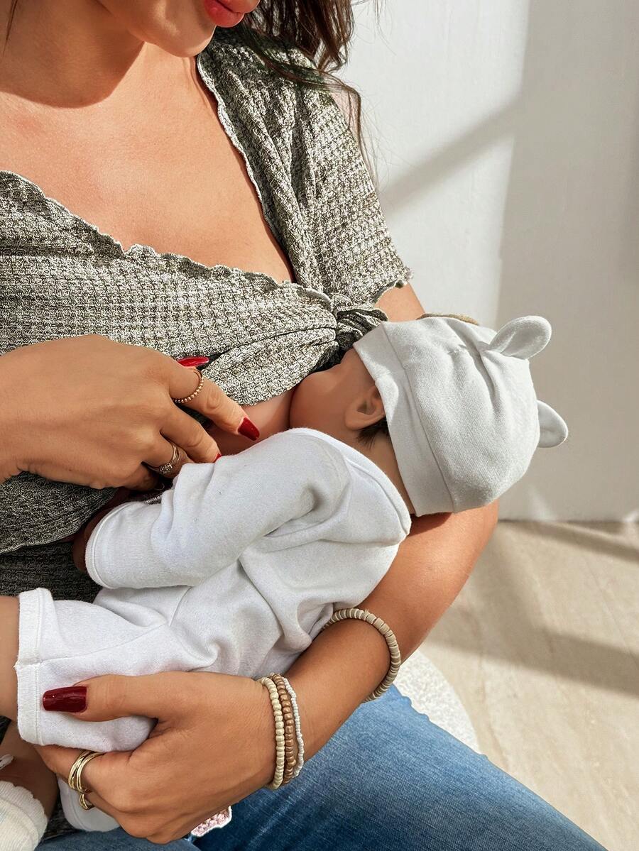Multicolor Knitted Waffle V-Neck Maternity T-Shirt - Slim Fit High Stretch Short Sleeve Breastfeeding Friendly Casual Nursing Top