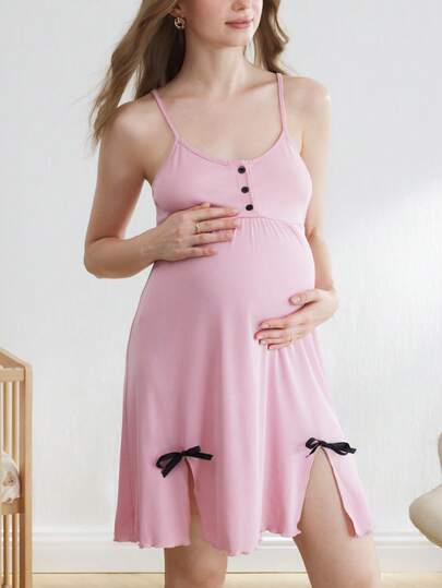 Maternity Slit Nightgown - Bow Decor Spaghetti Strap Casual Breathable Summer, Soft Loungewear