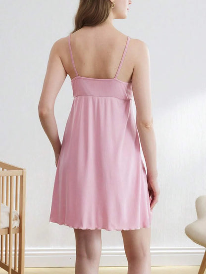 Maternity Slit Nightgown - Bow Decor Spaghetti Strap Casual Breathable Summer, Soft Loungewear