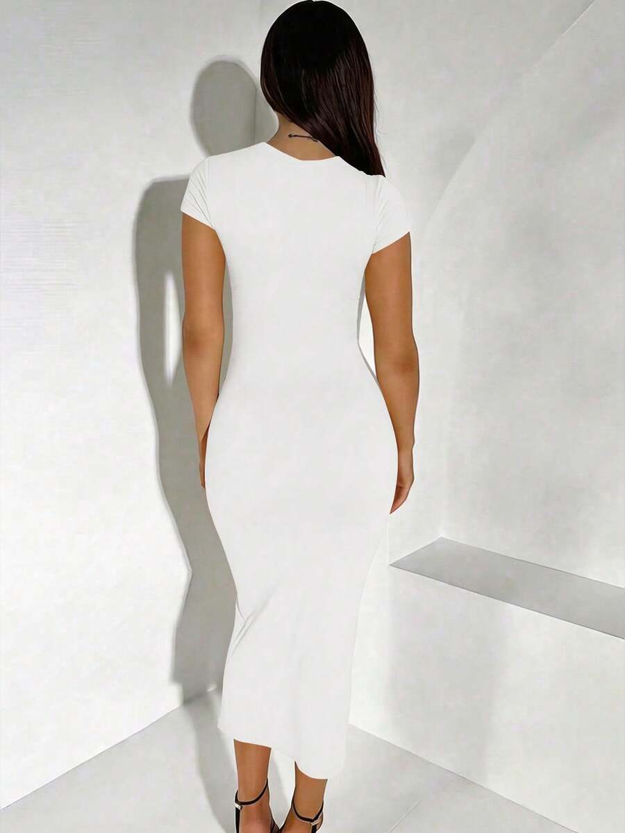 Maternity Elegant Slimming Fitted Long Bodycon Dress High Stretch Round Neck Short Sleeve Dress for Summer Outdoor Wear
