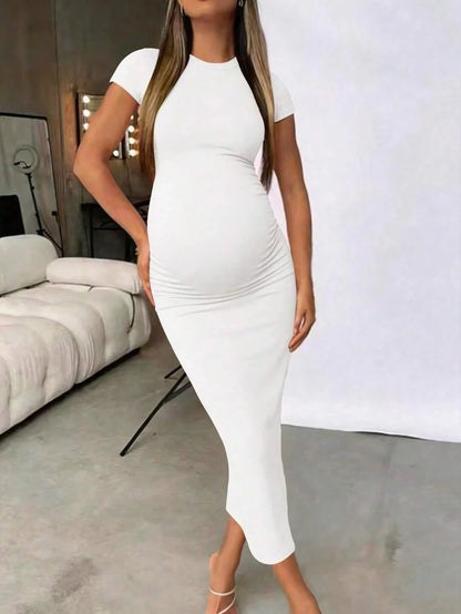 Maternity Elegant Slimming Fitted Long Bodycon Dress High Stretch Round Neck Short Sleeve Dress for Summer Outdoor Wear