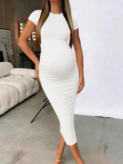 Maternity Elegant Slimming Fitted Long Bodycon Dress High Stretch Round Neck Short Sleeve Dress for Summer Outdoor Wear