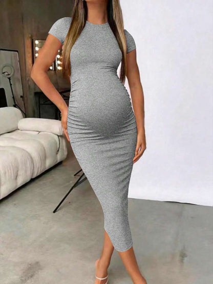 Maternity Elegant Slimming Fitted Long Bodycon Dress High Stretch Round Neck Short Sleeve Dress for Summer Outdoor Wear