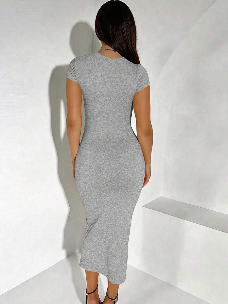 Maternity Elegant Slimming Fitted Long Bodycon Dress High Stretch Round Neck Short Sleeve Dress for Summer Outdoor Wear