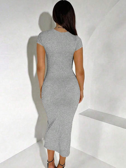 Maternity Elegant Slimming Fitted Long Bodycon Dress High Stretch Round Neck Short Sleeve Dress for Summer Outdoor Wear