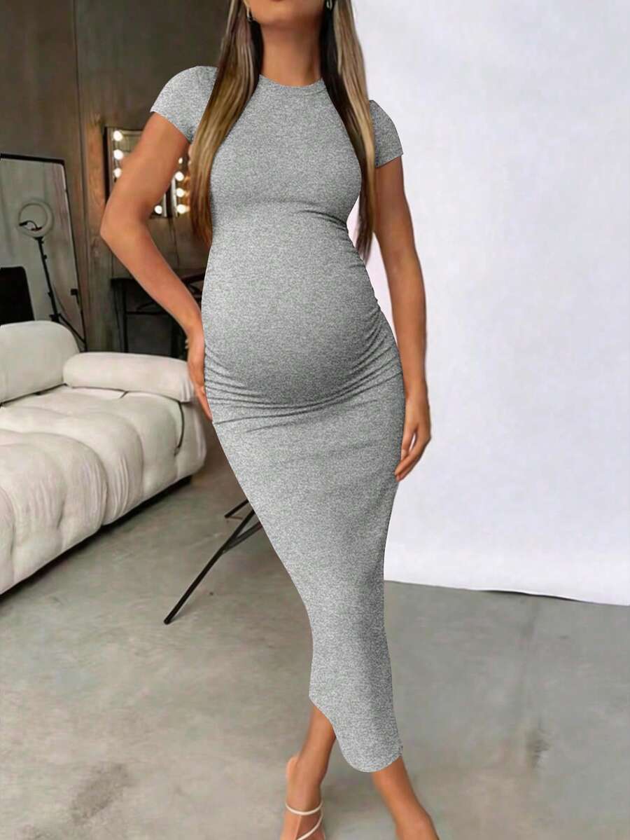 Maternity Elegant Slimming Fitted Long Bodycon Dress High Stretch Round Neck Short Sleeve Dress for Summer Outdoor Wear