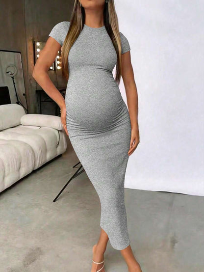 Maternity Elegant Slimming Fitted Long Bodycon Dress High Stretch Round Neck Short Sleeve Dress for Summer Outdoor Wear