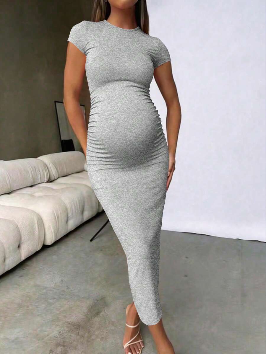 Maternity Elegant Slimming Fitted Long Bodycon Dress High Stretch Round Neck Short Sleeve Dress for Summer Outdoor Wear