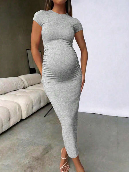 Maternity Elegant Slimming Fitted Long Bodycon Dress High Stretch Round Neck Short Sleeve Dress for Summer Outdoor Wear