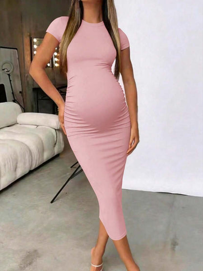 Maternity Elegant Slimming Fitted Long Bodycon Dress High Stretch Round Neck Short Sleeve Dress for Summer Outdoor Wear