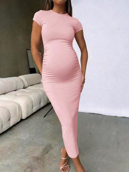 Maternity Elegant Slimming Fitted Long Bodycon Dress High Stretch Round Neck Short Sleeve Dress for Summer Outdoor Wear