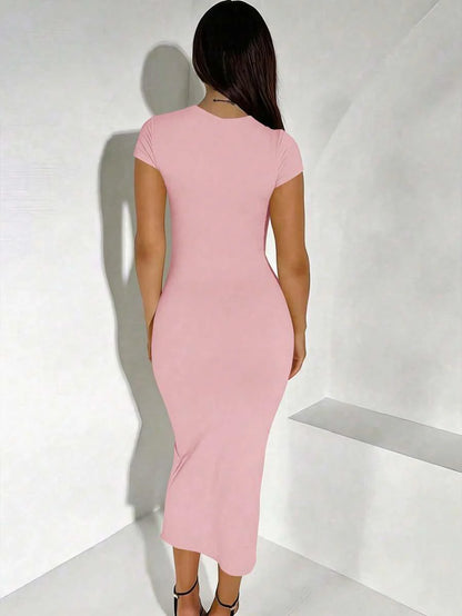 Maternity Elegant Slimming Fitted Long Bodycon Dress High Stretch Round Neck Short Sleeve Dress for Summer Outdoor Wear