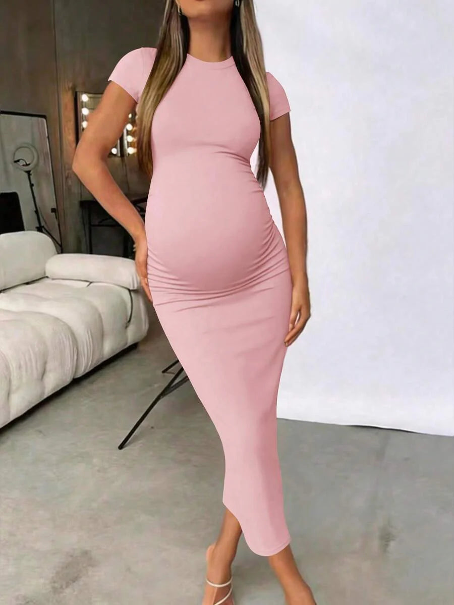 Maternity Elegant Slimming Fitted Long Bodycon Dress High Stretch Round Neck Short Sleeve Dress for Summer Outdoor Wear