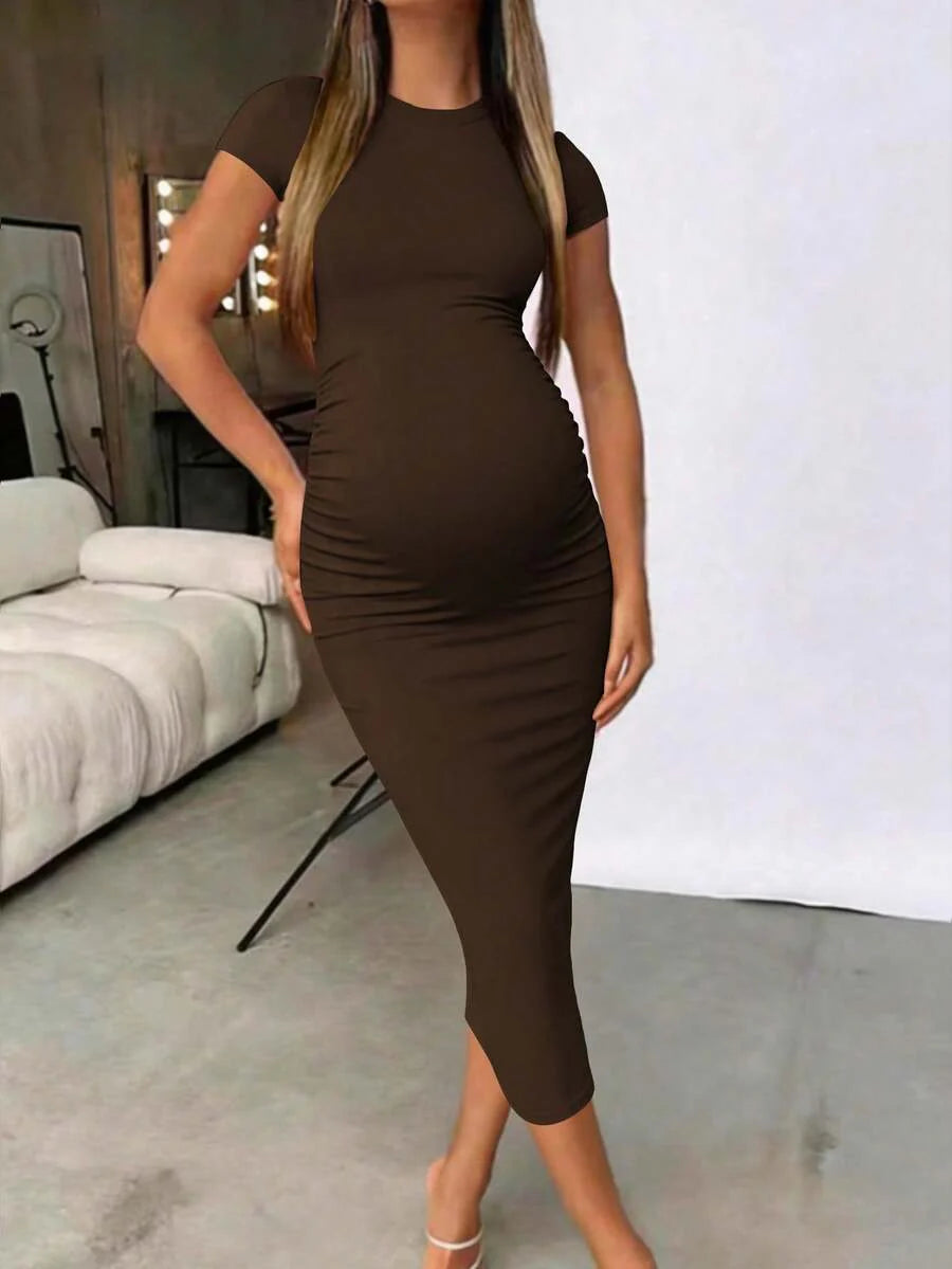 Maternity Elegant Slimming Fitted Long Bodycon Dress High Stretch Round Neck Short Sleeve Dress for Summer Outdoor Wear