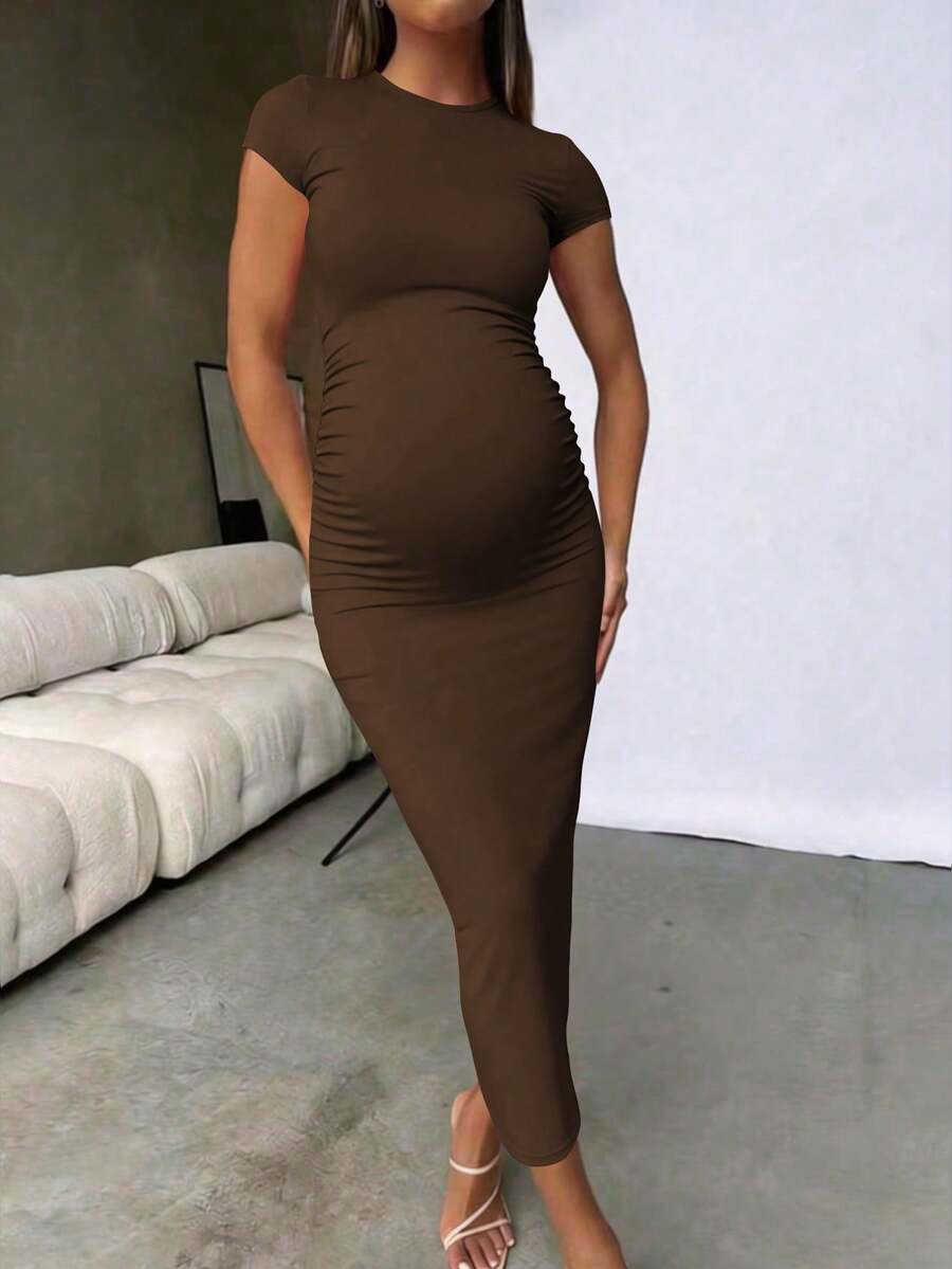 Maternity Elegant Slimming Fitted Long Bodycon Dress High Stretch Round Neck Short Sleeve Dress for Summer Outdoor Wear