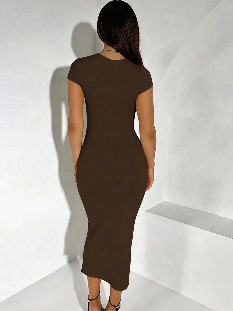 Maternity Elegant Slimming Fitted Long Bodycon Dress High Stretch Round Neck Short Sleeve Dress for Summer Outdoor Wear