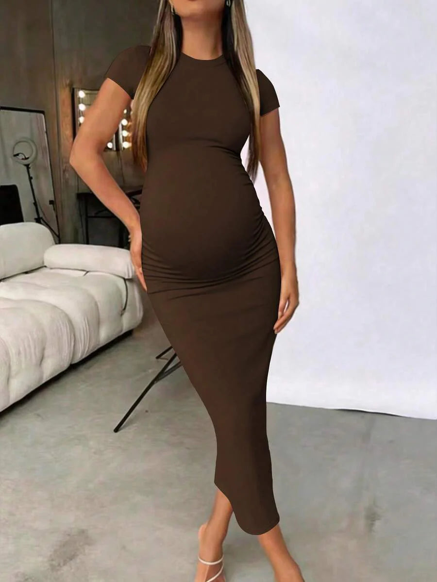 Maternity Elegant Slimming Fitted Long Bodycon Dress High Stretch Round Neck Short Sleeve Dress for Summer Outdoor Wear