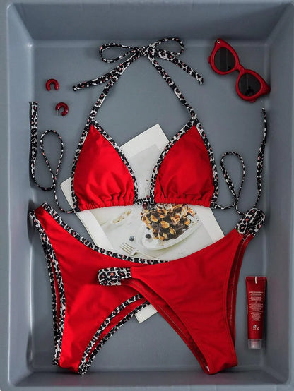Swim Vcay Women's Swimwear Set, Fashionable Polka Dot Print Trim, Backless, Spaghetti Straps, Tie Waist, Triangle Swim Bottoms, Beach, Casual