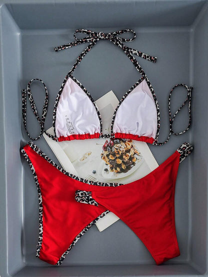 Swim Vcay Women's Swimwear Set, Fashionable Polka Dot Print Trim, Backless, Spaghetti Straps, Tie Waist, Triangle Swim Bottoms, Beach, Casual