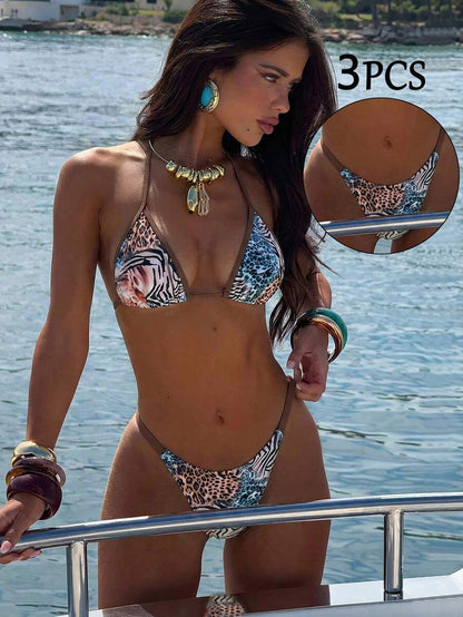 Swim Vcay Women's Swimwear Set, Fashionable Polka Dot Print Trim, Backless, Spaghetti Straps, Tie Waist, Triangle Swim Bottoms, Beach, Casual